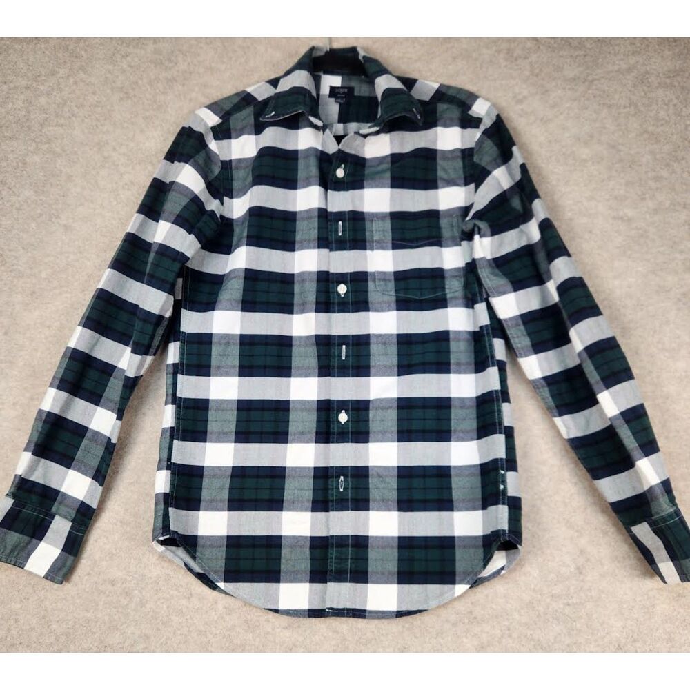 J. Crew Men's Plaid White-Navy-Green Flannel Shirt Size Small Preppy Outdoors